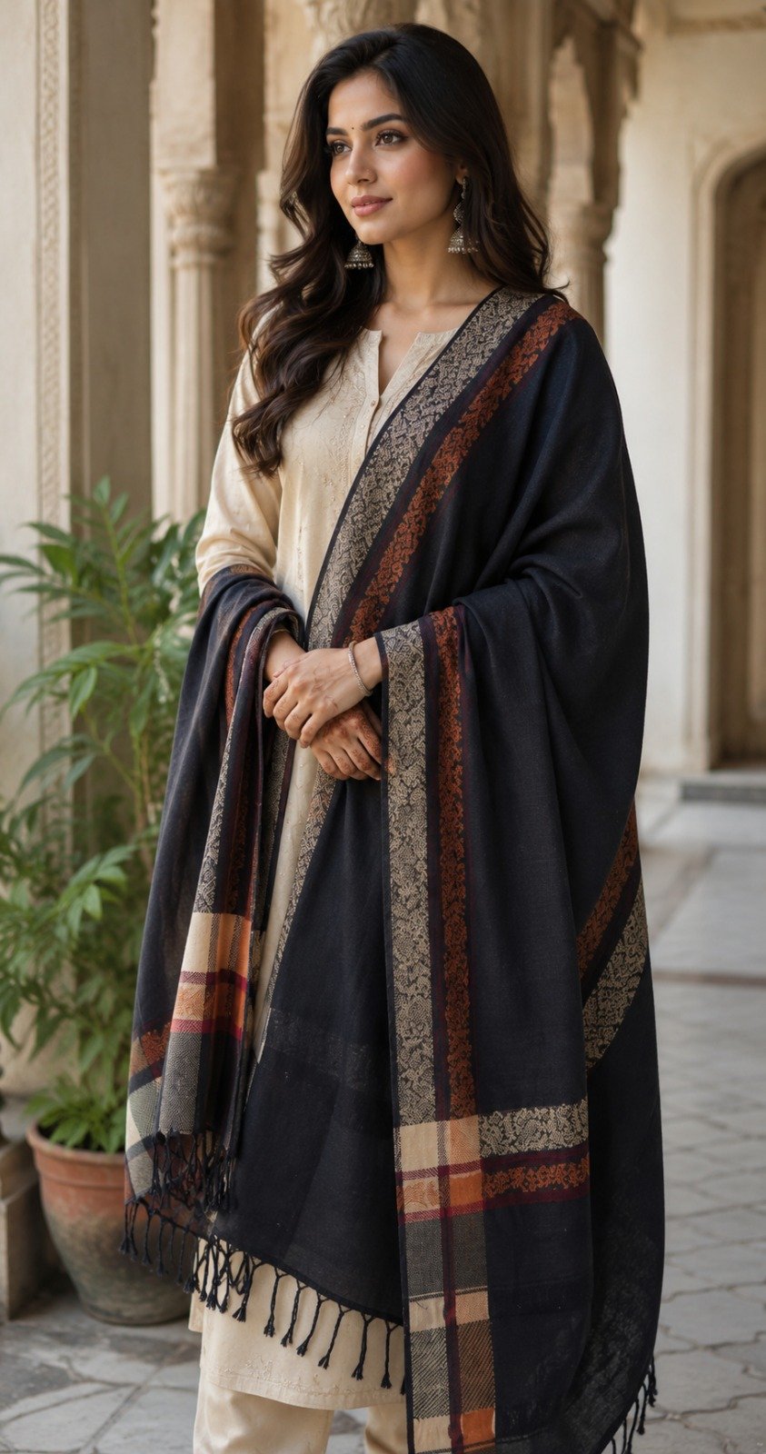Acrylic Shawl, Acrylic Shawl Black Rust Border design